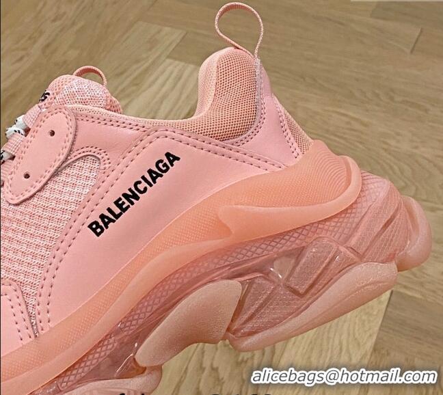 Luxury Balenciaga Triple S Clear Sole Trainers Sneakers in Leather and Mesh Light Pink 0223020