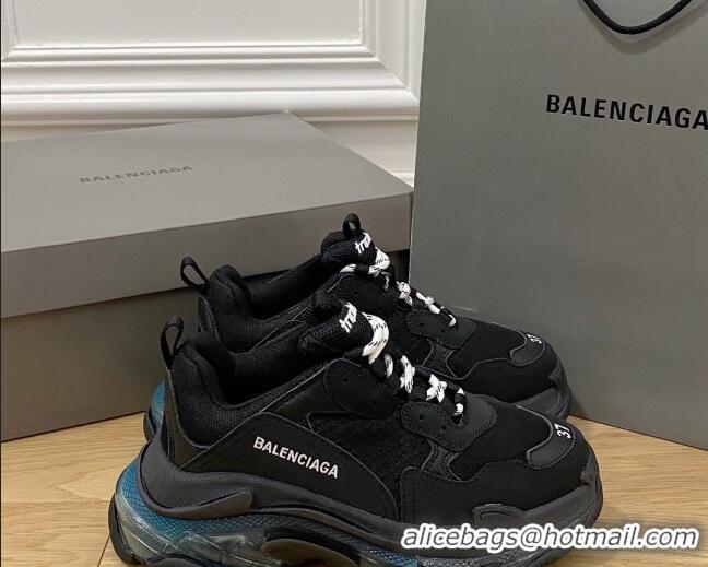 Sophisticated Balenciaga Triple S Clear Sole Trainers Sneakers in Leather and Mesh Black/Blue 223021