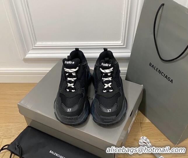 Sophisticated Balenciaga Triple S Clear Sole Trainers Sneakers in Leather and Mesh Black/Blue 223021