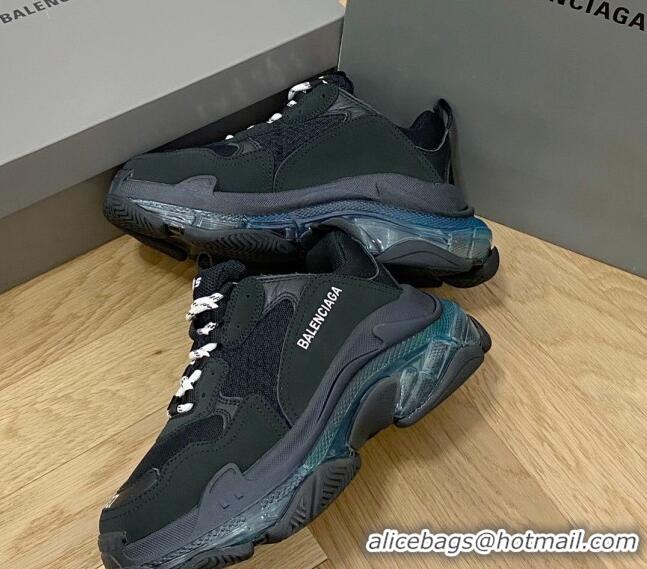 Sophisticated Balenciaga Triple S Clear Sole Trainers Sneakers in Leather and Mesh Black/Blue 223021