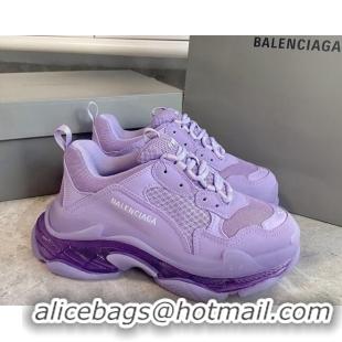 Stylish Balenciaga Triple S Clear Sole Trainers Sneakers in Leather and Mesh Light Purple 0223025