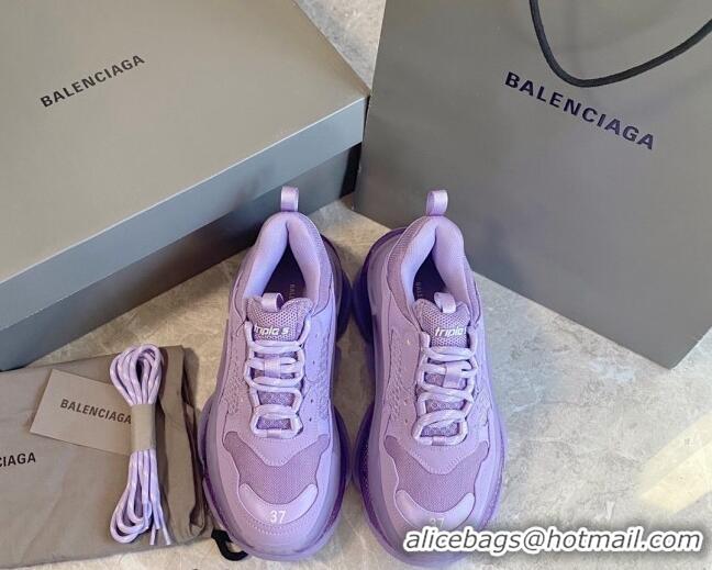 Stylish Balenciaga Triple S Clear Sole Trainers Sneakers in Leather and Mesh Light Purple 0223025