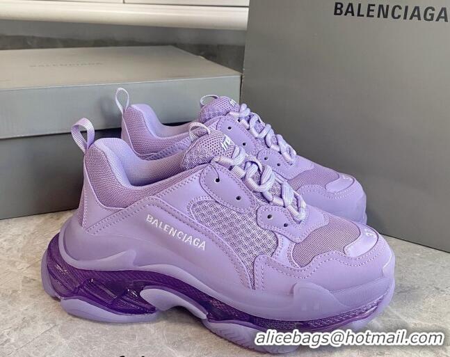 Stylish Balenciaga Triple S Clear Sole Trainers Sneakers in Leather and Mesh Light Purple 0223025