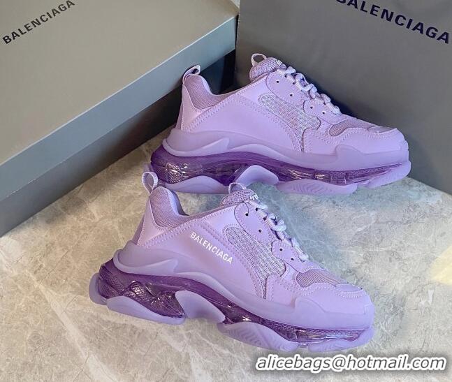 Stylish Balenciaga Triple S Clear Sole Trainers Sneakers in Leather and Mesh Light Purple 0223025