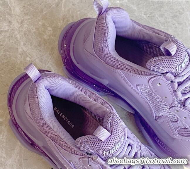 Stylish Balenciaga Triple S Clear Sole Trainers Sneakers in Leather and Mesh Light Purple 0223025