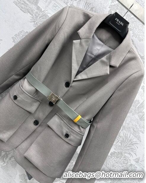 Shop Duplicate Prada Jacket with Belt P031307 Grey 2024