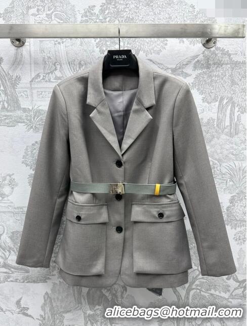 Shop Duplicate Prada Jacket with Belt P031307 Grey 2024