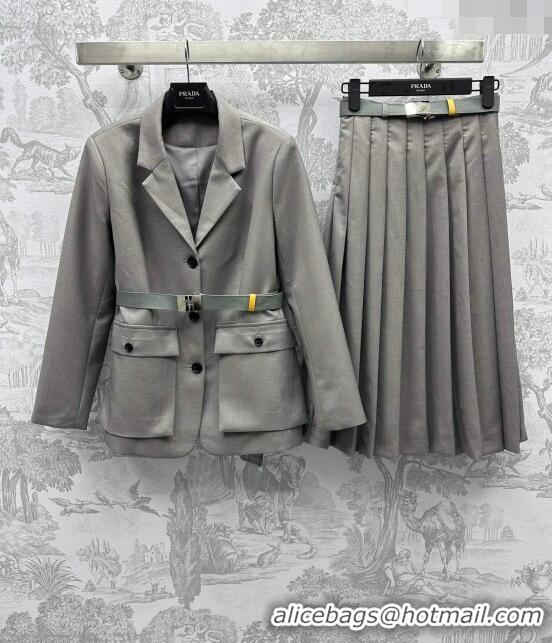 Shop Duplicate Prada Jacket with Belt P031307 Grey 2024