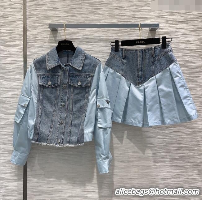 Famous Brand Prada Denim Jacket and Skirt P031322 Blue 2024