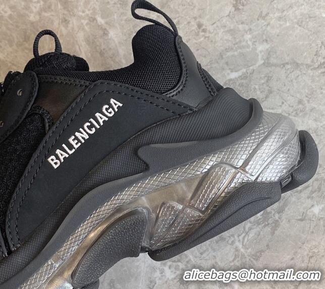 Popular Style Balenciaga Triple S Clear Sole Trainers Sneakers in Suede and Mesh Black/Silver 223029