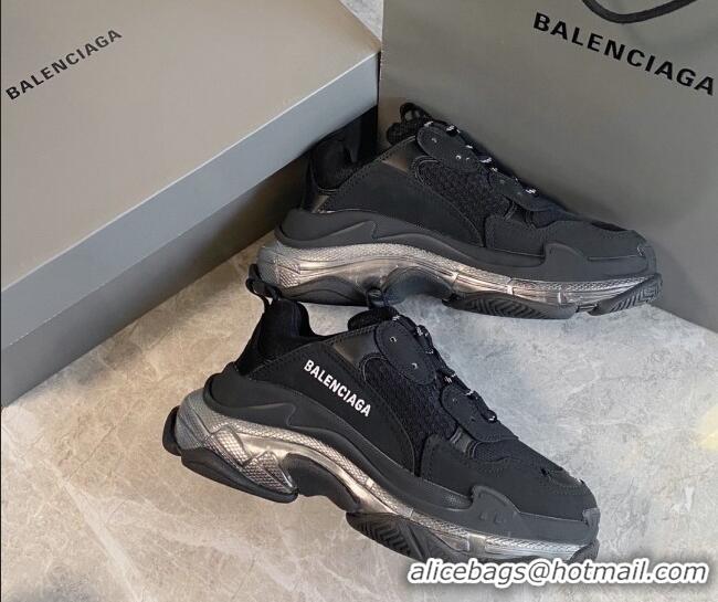 Popular Style Balenciaga Triple S Clear Sole Trainers Sneakers in Suede and Mesh Black/Silver 223029