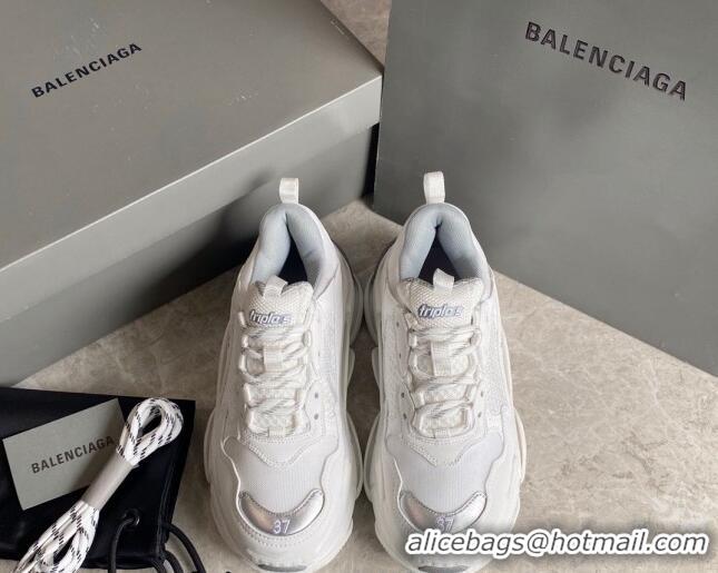 Sumptuous Balenciaga Triple S Trainers Sneakers in Leather and Mesh White/Silver 223051