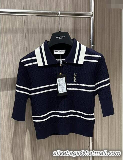 Affordable Price Saint Laurent Cotton Short-sleeved Sweater S022632 Blue 2024