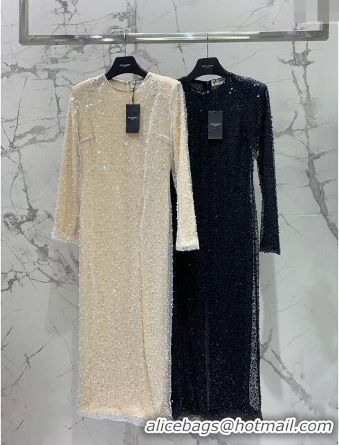 Buy Fashionable Saint Laurent Sequins & Pearls Long Dress S030809 Beige 2024