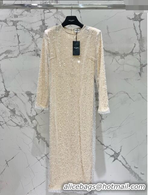 Buy Fashionable Saint Laurent Sequins & Pearls Long Dress S030809 Beige 2024