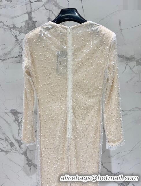 Buy Fashionable Saint Laurent Sequins & Pearls Long Dress S030809 Beige 2024