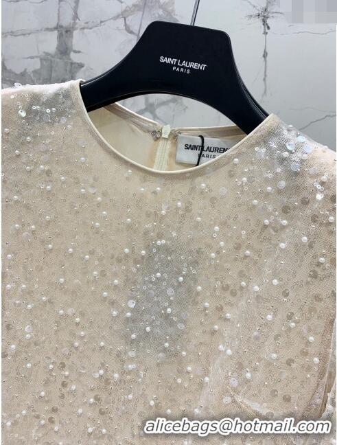 Buy Fashionable Saint Laurent Sequins & Pearls Long Dress S030809 Beige 2024