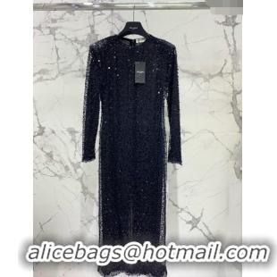 ​Super Quality Saint Laurent Sequins & Pearls Long Dress S030811 Black 2024