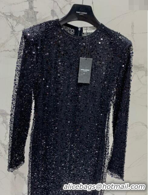 ​Super Quality Saint Laurent Sequins & Pearls Long Dress S030811 Black 2024