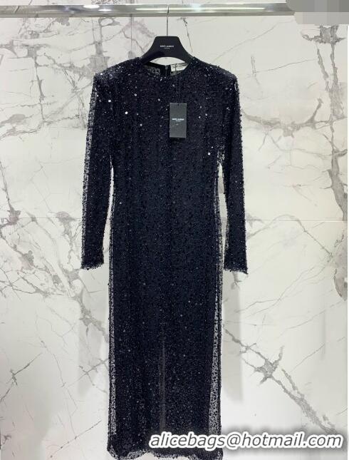 ​Super Quality Saint Laurent Sequins & Pearls Long Dress S030811 Black 2024