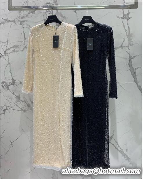 ​Super Quality Saint Laurent Sequins & Pearls Long Dress S030811 Black 2024