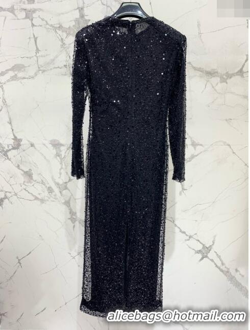 ​Super Quality Saint Laurent Sequins & Pearls Long Dress S030811 Black 2024