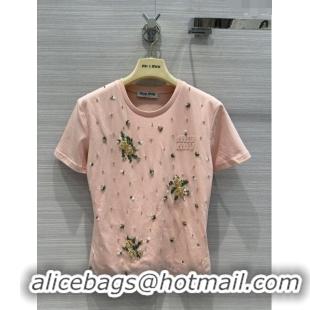 ​Pretty Style Miu Miu Crystal Cotton T-shirt M21952 Pink 2024