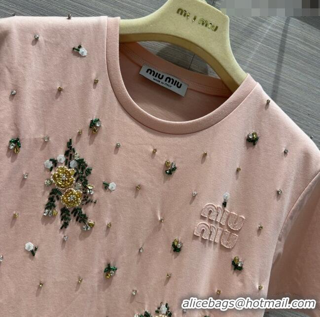 ​Pretty Style Miu Miu Crystal Cotton T-shirt M21952 Pink 2024