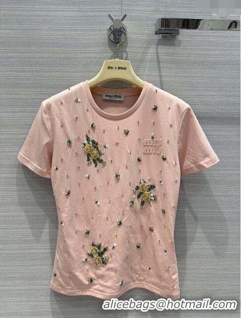 ​Pretty Style Miu Miu Crystal Cotton T-shirt M21952 Pink 2024