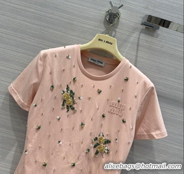 ​Pretty Style Miu Miu Crystal Cotton T-shirt M21952 Pink 2024