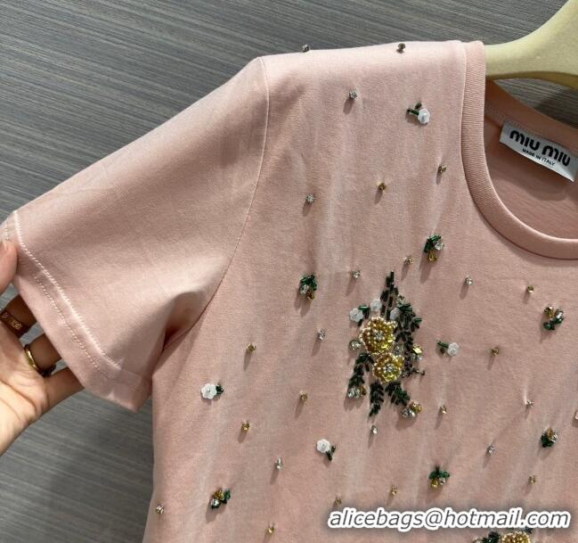 ​Pretty Style Miu Miu Crystal Cotton T-shirt M21952 Pink 2024