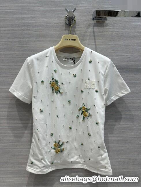 ​Good Taste Miu Miu Crystal Cotton T-shirt M21953 White 2024