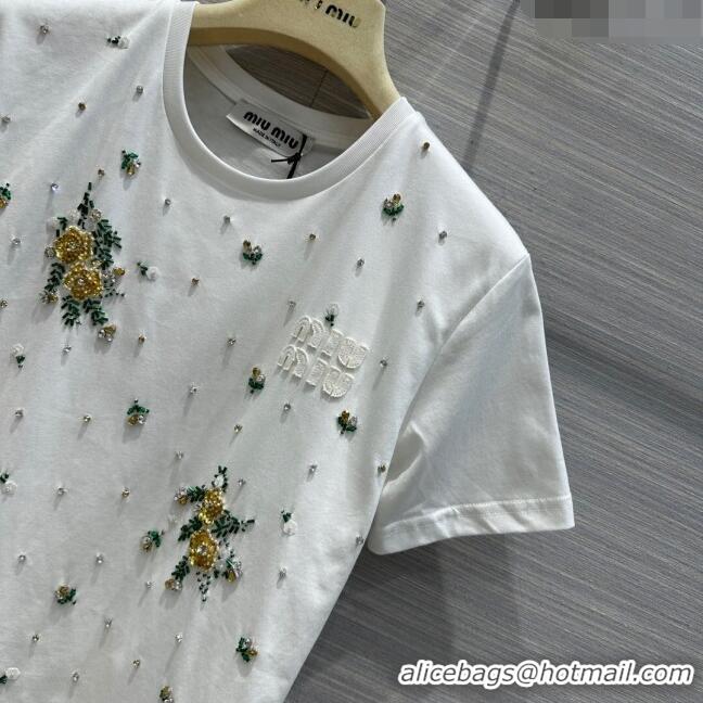 ​Good Taste Miu Miu Crystal Cotton T-shirt M21953 White 2024