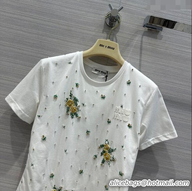 ​Good Taste Miu Miu Crystal Cotton T-shirt M21953 White 2024