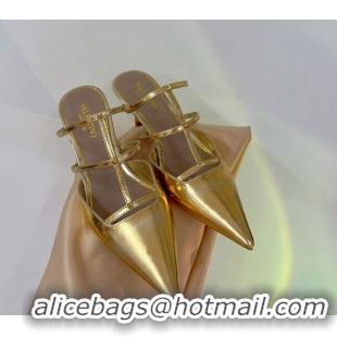 Charming Valentino Rockstud Wispy Heel Mules 6cm in in Glazed Metallic Leather Gold 0227046