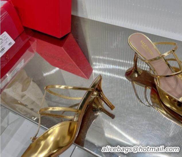 Charming Valentino Rockstud Wispy Heel Mules 6cm in in Glazed Metallic Leather Gold 0227046