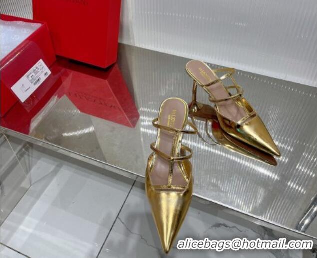 Charming Valentino Rockstud Wispy Heel Mules 6cm in in Glazed Metallic Leather Gold 0227046