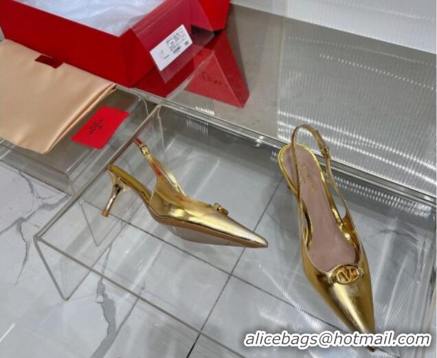 Grade Quality Valentino The Bold Edition VLogo Slingback Pumps 6cm in Glazed Metallic Leather Gold 0227048