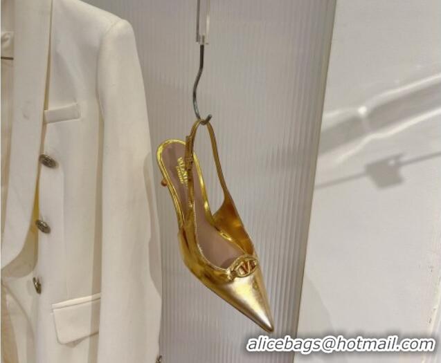 Grade Quality Valentino The Bold Edition VLogo Slingback Pumps 6cm in Glazed Metallic Leather Gold 0227048