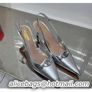 Perfect Valentino The Bold Edition VLogo Slingback Pumps 6cm in Glazed Metallic Leather Silver 0227049