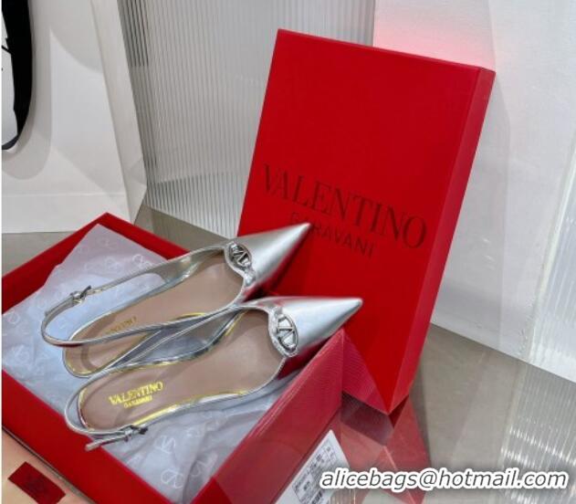 Perfect Valentino The Bold Edition VLogo Slingback Pumps 6cm in Glazed Metallic Leather Silver 0227049