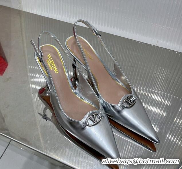 Perfect Valentino The Bold Edition VLogo Slingback Pumps 6cm in Glazed Metallic Leather Silver 0227049