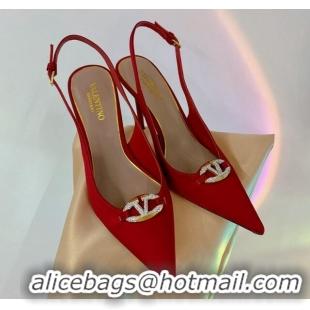 Most Popular Valentino The Bold Edition VLogo Slingback Pumps 9cm in Satin with Crystals Red 0227060