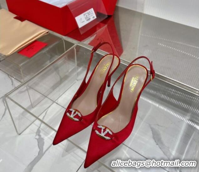 Most Popular Valentino The Bold Edition VLogo Slingback Pumps 9cm in Satin with Crystals Red 0227060