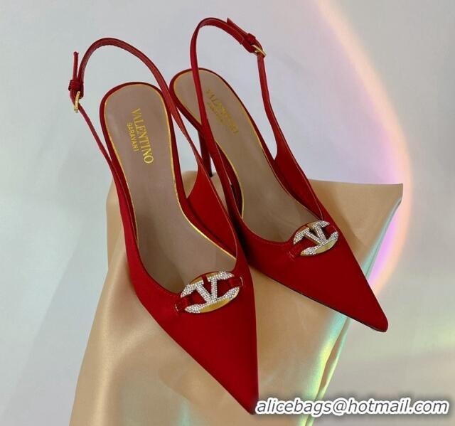 Most Popular Valentino The Bold Edition VLogo Slingback Pumps 9cm in Satin with Crystals Red 0227060