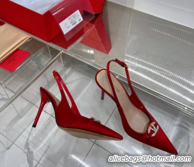 Most Popular Valentino The Bold Edition VLogo Slingback Pumps 9cm in Satin with Crystals Red 0227060