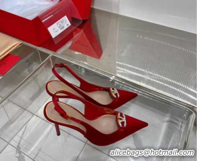 Most Popular Valentino The Bold Edition VLogo Slingback Pumps 9cm in Satin with Crystals Red 0227060