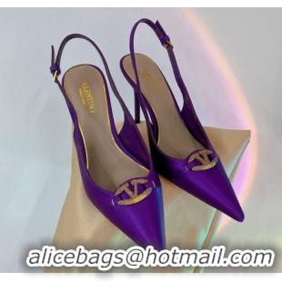 Top Grade Valentino The Bold Edition VLogo Slingback Pumps 9cm in Satin with Crystals Purple 0227061