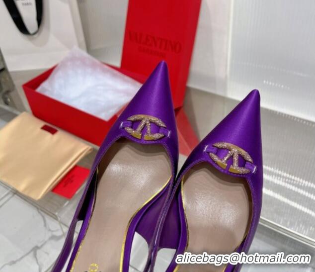 Top Grade Valentino The Bold Edition VLogo Slingback Pumps 9cm in Satin with Crystals Purple 0227061