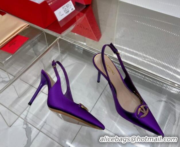 Top Grade Valentino The Bold Edition VLogo Slingback Pumps 9cm in Satin with Crystals Purple 0227061